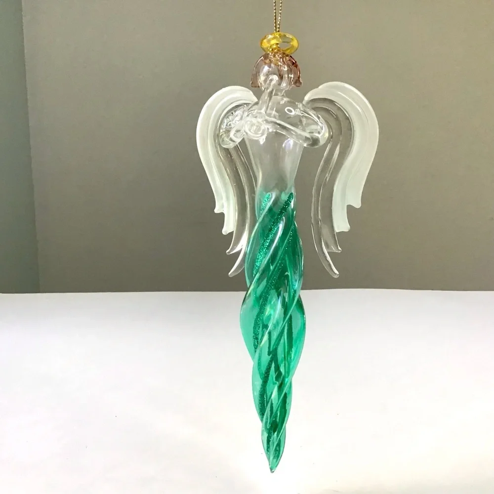 Angel Icicle Christmas Ornament Green Glitter Twisted Swirl Acrylic Wings Horn